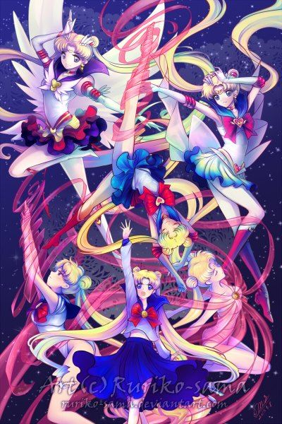 Anime picture 800x1200 with bishoujo senshi sailor moon toei animation tsukino usagi ruriko (yaoihyper) tall image blue eyes blonde hair smile twintails multiple girls eyes closed very long hair pleated skirt arms up facial mark watermark 6+ girls magical girl 6 girls leg up
