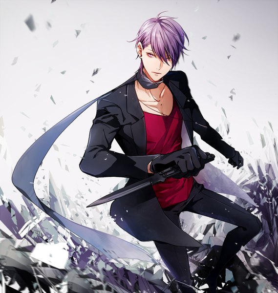 Anime picture 829x874 with lucky dog giulio di bondone komichi96 single tall image fringe short hair purple eyes looking away purple hair bent knee (knees) from above hair over one eye piercing ear piercing boy gloves weapon black gloves scarf