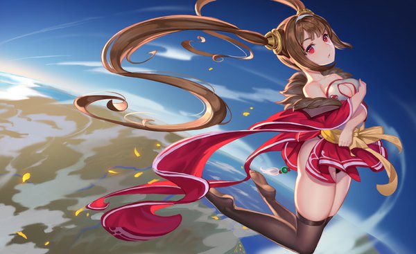Anime picture 3268x2000 with azur lane ping hai (azur lane) god hunter single long hair looking at viewer blush highres breasts light erotic red eyes brown hair wide image twintails payot full body traditional clothes parted lips no shoes fur trim
