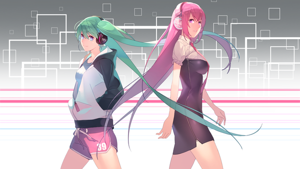 Anime picture 2560x1440 with vocaloid hatsune miku megurine luka jandy long hair looking at viewer fringe highres breasts blue eyes smile wide image twintails multiple girls pink hair pink eyes aqua hair open clothes open jacket alternate costume