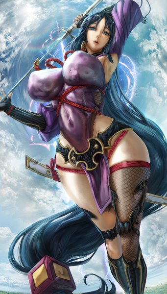 Anime picture 3800x6686 with fate (series) fate/grand order minamoto no raikou (fate) supullim single tall image looking at viewer fringe highres breasts open mouth blue eyes light erotic hair between eyes standing holding signed blue hair absurdres sky