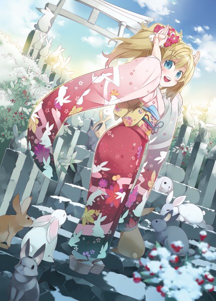 Anime picture 860x1200 with original haruse hiroki single long hair tall image open mouth blue eyes blonde hair standing looking away sky cloud (clouds) long sleeves traditional clothes hair flower wind wide sleeves dutch angle snow animal print
