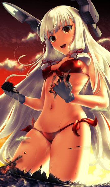 Anime picture 711x1205 with kantai collection murakumo destroyer rakia (ds00309) single tall image breasts open mouth light erotic smile standing twintails holding brown eyes payot sky silver hair cloud (clouds) outdoors very long hair wind