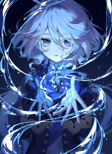 Anime picture 2220x3047 with genshin impact furina (genshin impact) mochizuki mochi single long hair tall image looking at viewer fringe highres blue eyes hair between eyes silver hair upper body magic black background outstretched hand girl gloves black gloves water