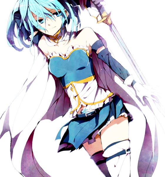 Anime picture 1185x1265 with mahou shoujo madoka magica shaft (studio) miki sayaka hiiragi fuyuki single tall image fringe short hair blue eyes simple background smile white background bare shoulders holding blue hair light smile zettai ryouiki girl skirt gloves