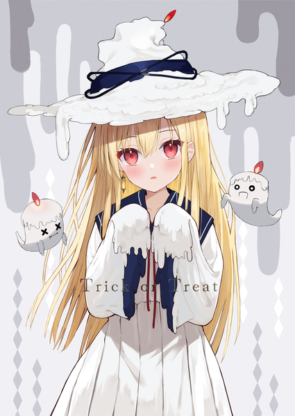 Anime picture 1254x1771 with original mirai (mirai76 ) single long hair tall image looking at viewer blonde hair red eyes long sleeves parted lips sleeves past wrists halloween ghost sailor collar trick or treat girl hat single earring wax