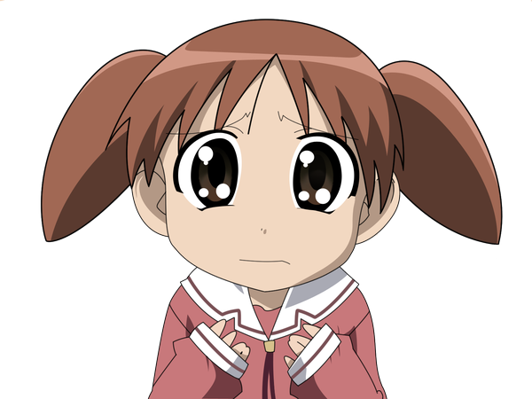 Anime picture 1600x1200 with azumanga daioh j.c. staff mihama chiyo single looking at viewer short hair brown hair twintails brown eyes upper body long sleeves sleeves past wrists transparent background face vector sad girl