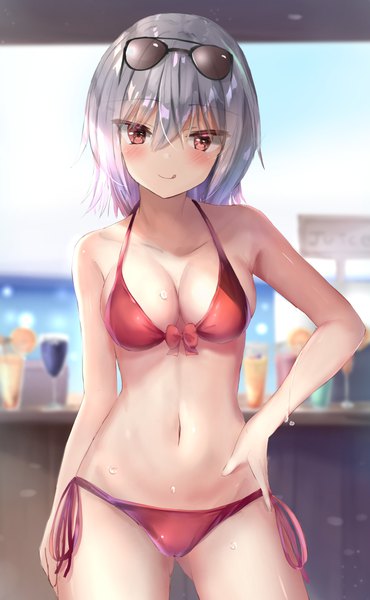 Anime picture 926x1500 with original natuna natu single tall image looking at viewer blush fringe short hair breasts light erotic smile hair between eyes red eyes large breasts standing silver hair blurry wet hand on hip sunglasses on head