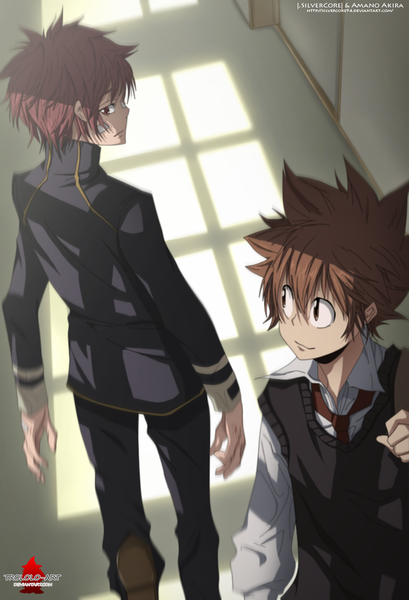 Anime picture 819x1200 with katekyou hitman reborn sawada tsunayoshi enma kozato silvercore94 tall image short hair smile red eyes brown hair brown eyes red hair profile looking back from above sunlight multiple boys coloring boy uniform school uniform