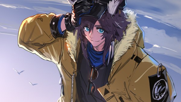 Anime picture 1754x986 with arknights courier (arknights) ryuuzaki ichi single fringe highres short hair blue eyes black hair smile hair between eyes wide image animal ears upper body from above adjusting hat sunglasses removed boy gloves hat