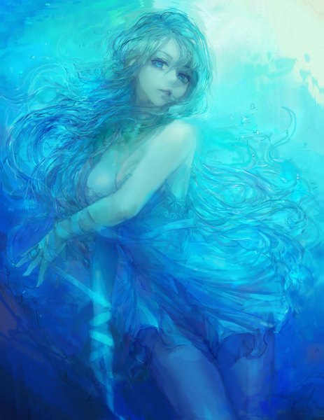 Anime picture 1546x2000 with original misshu single long hair tall image looking at viewer fringe breasts cleavage parted lips aqua eyes aqua hair underwater girl dress ribbon (ribbons) water short dress bubble (bubbles) blue dress
