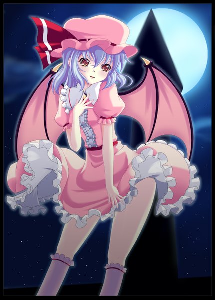Anime picture 1000x1393 with touhou remilia scarlet kou512a single tall image looking at viewer blush short hair red eyes blue hair cloud (clouds) night girl dress wings socks moon white socks bonnet
