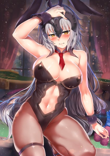 Anime picture 1416x2006 with fate (series) fate/grand order artoria pendragon (all) jeanne d'arc (fate) (all) jeanne d'arc alter (fate) artoria pendragon (swimsuit ruler) (fate) kawai (purplrpouni) single long hair tall image looking at viewer blush fringe breasts light erotic large breasts sitting bare shoulders animal ears yellow eyes