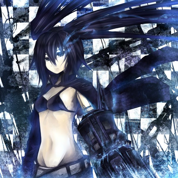 イラスト 1700x1700 と ブラック★ロックシューター black rock shooter (character) mamuru ソロ 長髪 highres 黒髪 ツインテール へそ出し glowing scar glowing eye (eyes) 市松模様 arm cannon 女の子 へそ 武器 ベルト ビキニトップ