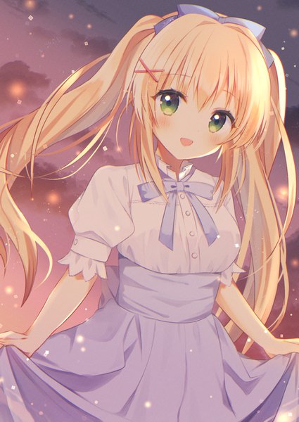 Anime picture 1935x2732 with summer pockets key (studio) tsumugi wenders aiyan single long hair tall image looking at viewer blush fringe highres open mouth blonde hair hair between eyes standing twintails green eyes payot sky cloud (clouds)