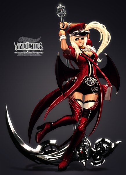Anime picture 1417x1960 with vindictus (game) edward montenegro single long hair tall image blonde hair looking away ponytail black eyes mole mole under eye side ponytail bat wings girl thighhighs white thighhighs shorts thigh boots peaked cap scythe