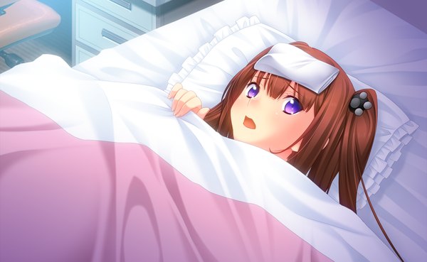 Anime picture 1300x800 with touhikou game houjou mirika yasuyuki single looking at viewer blush short hair open mouth brown hair wide image purple eyes game cg ponytail on back side ponytail sick girl hair ornament pillow bed