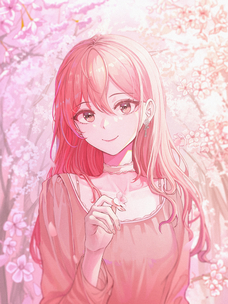 Anime picture 3003x4000 with original lacy (beees002) single long hair tall image looking at viewer fringe highres smile hair between eyes standing holding brown eyes pink hair absurdres upper body outdoors nail polish head tilt arm up
