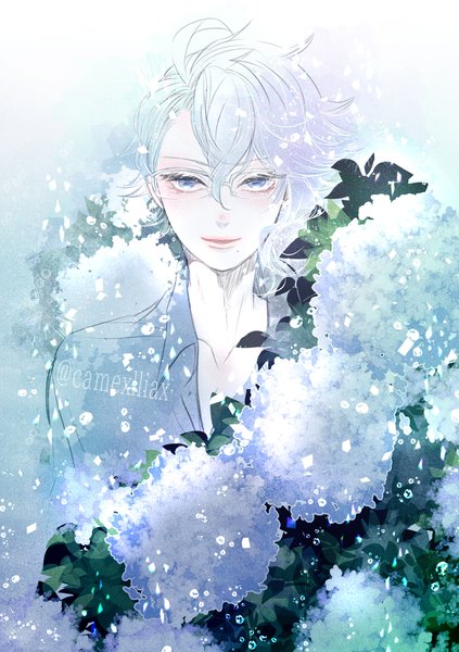 Anime picture 1500x2128 with twisted wonderland azul ashengrotto camexllia single tall image looking at viewer fringe short hair blue eyes hair between eyes signed silver hair upper body mole twitter username mole under mouth boy flower (flowers) glasses hydrangea