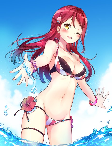 Anime picture 1350x1749 with love live! sunshine!! sunrise (studio) love live! sakurauchi riko kaxukin hey xander single long hair tall image looking at viewer blush breasts open mouth light erotic smile large breasts standing yellow eyes sky red hair