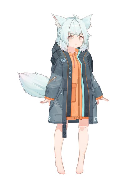 Anime picture 2890x4096 with original puremage single tall image looking at viewer fringe highres short hair simple background standing white background animal ears silver hair full body ahoge tail long sleeves animal tail barefoot open jacket