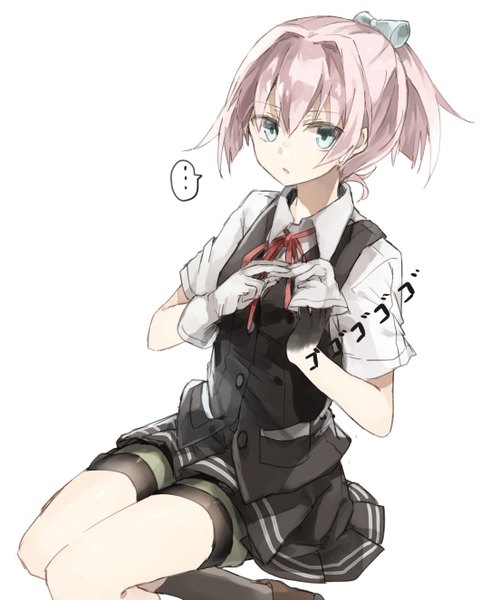 Anime picture 1062x1325 with kantai collection shiranui destroyer chibirisu single tall image fringe short hair simple background white background sitting pink hair ponytail aqua eyes from above text girl gloves uniform school uniform white gloves