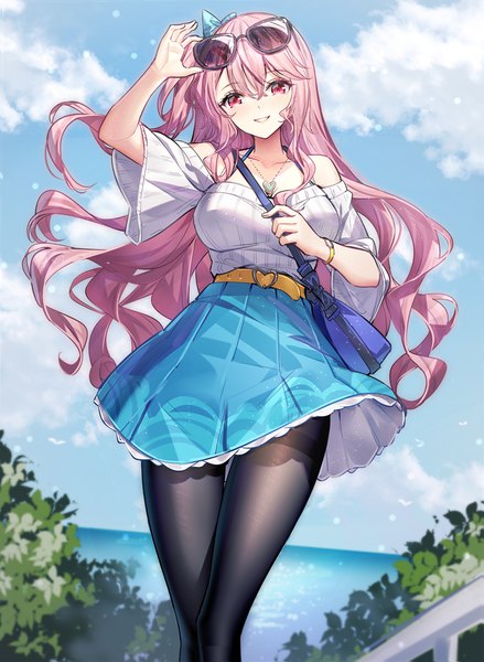 Anime picture 900x1231 with original emily stock ririko (zhuoyandesailaer) single long hair tall image looking at viewer blush fringe breasts smile hair between eyes red eyes standing bare shoulders pink hair sky cloud (clouds) outdoors parted lips