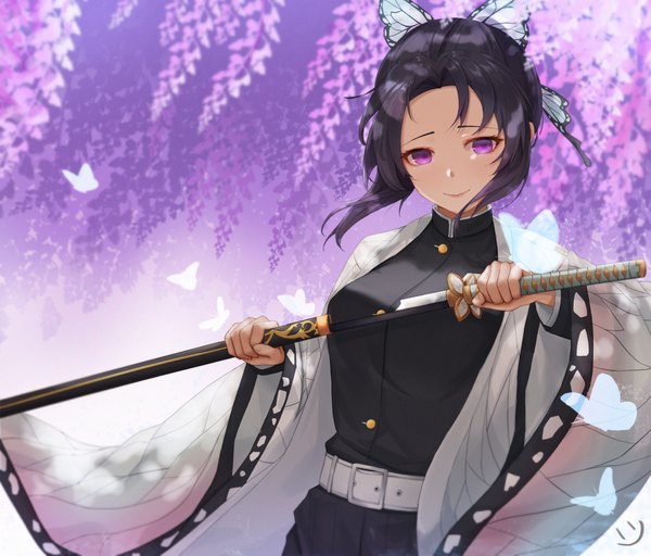Anime picture 1921x1641 with kimetsu no yaiba ufotable kochou shinobu wei xiao single looking at viewer fringe highres short hair breasts black hair smile standing purple eyes traditional clothes japanese clothes wind unsheathing girl uniform