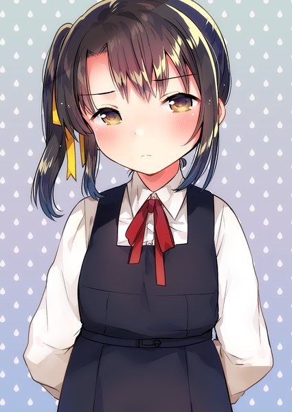 Anime picture 2149x3035 with original ichihaya single tall image looking at viewer blush fringe highres short hair black hair simple background standing yellow eyes payot upper body side ponytail hands behind back girl dress ribbon (ribbons)