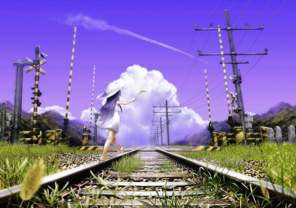 Anime picture 1300x915 with original mocchisake long hair sky purple hair cloud (clouds) from behind girl plant (plants) hat grass sundress power lines railways