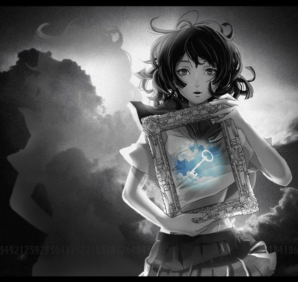 Anime picture 1094x1038 with original nafuda single long hair looking at viewer black hair holding cloud (clouds) inscription monochrome girl skirt uniform serafuku key picture frame