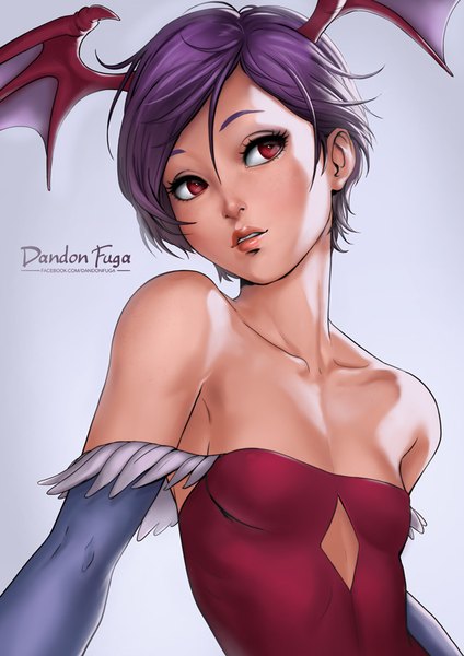 Anime picture 600x849 with vampire / darkstalkers (game) capcom lilith aensland dandon fuga single tall image short hair breasts simple background hair between eyes red eyes bare shoulders signed looking away purple hair parted lips realistic grey background flat chest head wings