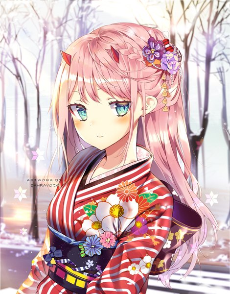 Anime picture 640x817 with darling in the franxx studio trigger zero two (darling in the franxx) zahravoca (annpratamav) single long hair tall image looking at viewer blush fringe blue eyes signed payot pink hair upper body braid (braids) traditional clothes japanese clothes hair flower horn (horns)