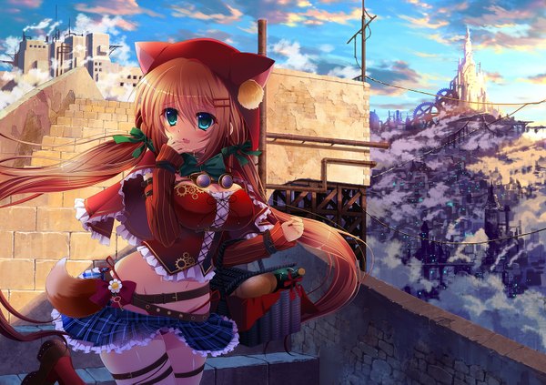 Anime picture 1500x1059 with original pon (ichi rin) single long hair looking at viewer blush open mouth blue eyes light erotic blonde hair sky cloud (clouds) midriff girl skirt navel miniskirt hood castle