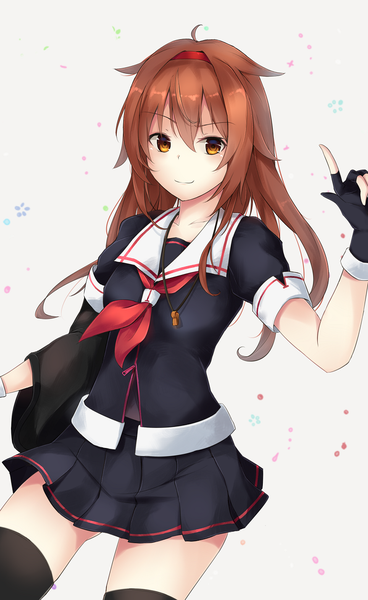 Anime picture 770x1255 with kantai collection shiratsuyu destroyer jenson tw single long hair tall image looking at viewer blush fringe breasts simple background smile hair between eyes brown hair standing white background holding brown eyes ahoge pleated skirt