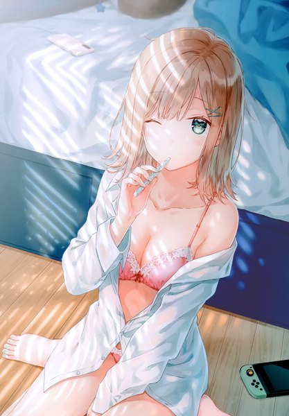 Anime picture 2406x3464 with original nintendo hashimoto sana hiten (hitenkei) single tall image looking at viewer fringe highres short hair breasts light erotic brown hair large breasts sitting holding indoors blunt bangs long sleeves nail polish