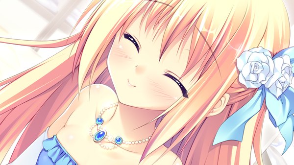 Anime picture 1024x576 with lovely quest tagme (character) single long hair blush fringe blonde hair smile hair between eyes wide image bare shoulders payot game cg eyes closed hair flower frilled dress ^ ^ girl dress hair ornament