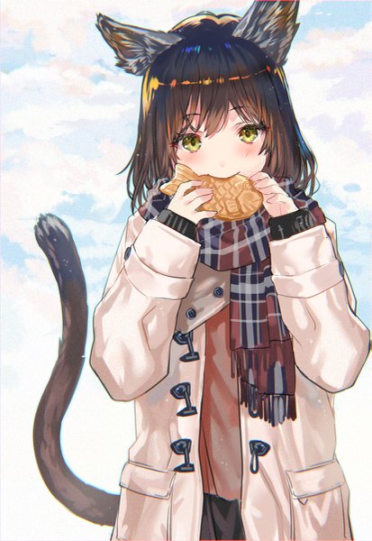 Anime picture 827x1200 with original ranou single long hair tall image looking at viewer blush fringe black hair standing holding animal ears yellow eyes sky cloud (clouds) outdoors tail long sleeves animal tail cat ears