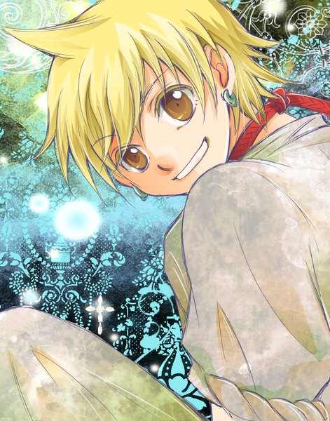 Anime picture 1609x2048 with magi the labyrinth of magic a-1 pictures ali baba saluja kichi purofu sansho single tall image looking at viewer short hair blonde hair smile brown eyes boy earrings rope