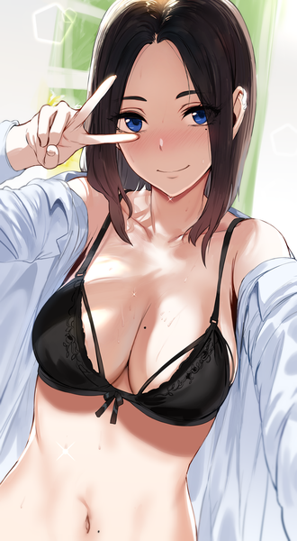 Anime picture 3720x6760 with samsung samsung sam hews single tall image looking at viewer blush highres short hair breasts blue eyes light erotic black hair smile large breasts absurdres cleavage upper body arm up mole