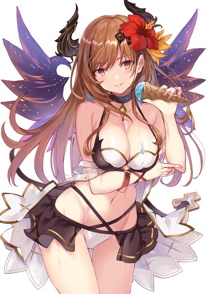 Anime picture 828x1169 with shingeki no bahamut dark angel olivia nanananana single long hair tall image looking at viewer blush fringe breasts light erotic simple background smile hair between eyes red eyes brown hair large breasts standing white background bare shoulders
