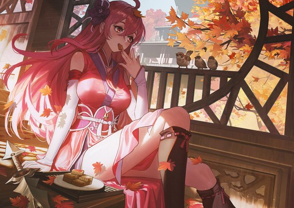 Anime picture 2000x1414 with original ttk (kirinottk) single long hair fringe highres hair between eyes red eyes sitting looking away ahoge bent knee (knees) red hair traditional clothes japanese clothes hair flower wind arm support eating autumn