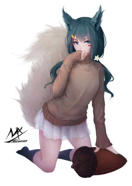 Anime picture 992x1402 with original shimmer single long hair tall image looking at viewer blush fringe breasts blue eyes simple background hair between eyes white background twintails signed animal ears full body tail long sleeves animal tail