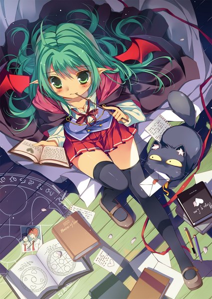 Anime picture 1024x1446 with original pikomint long hair tall image blush green eyes green hair pointy ears demon wings girl thighhighs black thighhighs animal wings book (books) cat