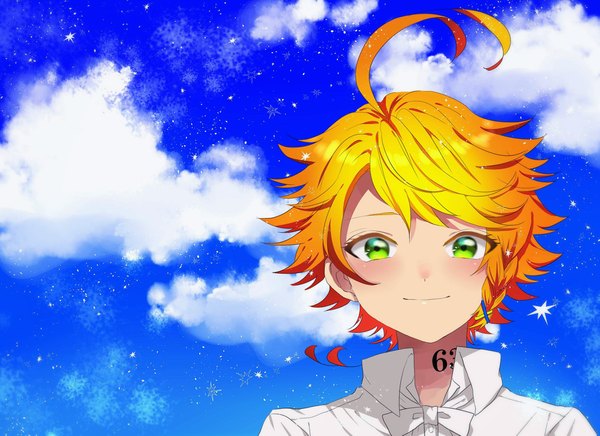 Anime picture 2251x1637 with yakusoku no neverland cloverworks emma (yakusoku no neverland) kitimoop single looking at viewer blush fringe highres short hair smile green eyes sky cloud (clouds) upper body ahoge outdoors braid (braids) orange hair tattoo