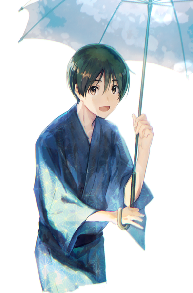 Anime picture 640x968 with idolmaster idolmaster side-m fuyumi jun map (map imas) single tall image looking at viewer fringe short hair open mouth black hair simple background hair between eyes white background brown eyes traditional clothes japanese clothes boy umbrella yukata