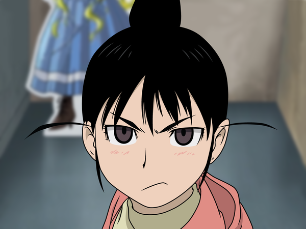 Anime picture 1600x1200 with genshiken arms corporation ogiue chika single looking at viewer short hair black hair payot indoors grey eyes depth of field vector girl