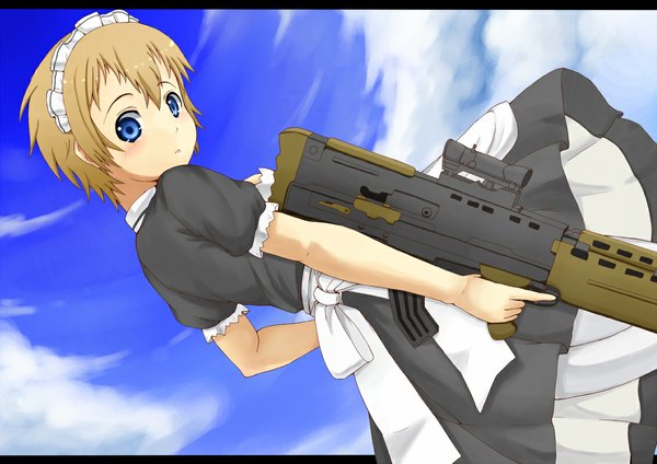 Anime picture 1131x800 with upotte!! l85a1 (upotte!!) okosan (pixiv) short hair blue eyes blonde hair looking back maid girl weapon headdress gun maid headdress assault rifle