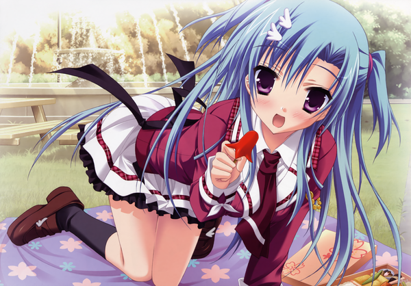 Anime picture 6020x4194 with kisaragi gold star (game) haotone tsubasa moribe (rabumanyo) long hair blush highres open mouth purple eyes blue hair absurdres scan girl uniform school uniform socks food black socks obento tako-san wiener