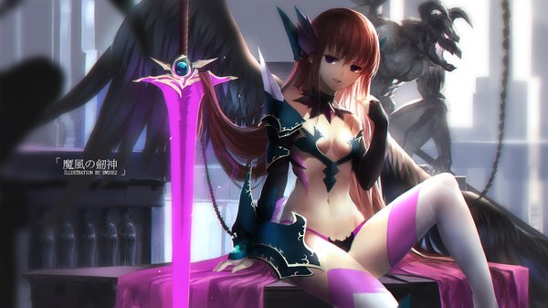 Anime picture 1890x1063 with venus blood tyrca (venus blood) swd3e2 single long hair highres breasts light erotic wide image sitting purple eyes looking away red hair inscription bare belly midriff black wings gargoyle girl thighhighs